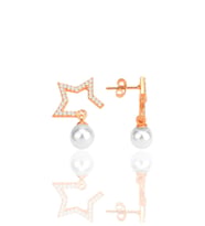 Gümüş rose zirkon taşlı,inci sallantılı yarım yıldız küpe SGTL12260ROSE