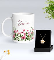 BK Gift Kişiye Özel İsimli Çiçek Tasarımlı Beyaz Kupa ve Papatya Kolye Hediye Seti - 5, Sevgiliye Hediye, Anneye Hediye, Arkadaşa Hediye