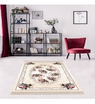 Çiçek Desenli Dijital Baskı Yıkanabilir Kaymaz Taban Leke Tutmaz Modern Salon Halısı (Bej)