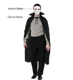 Siyah Renk Yakalı 120 Cm Pelerin Ve Beyaz Anonim Maske