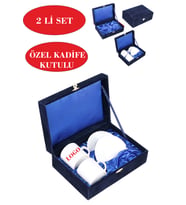 KADİFE KUTULU 2 Lİ KİŞİYE ÖZEL BASKILI TÜRK KAHVESİ FİNCAN SETİ (Lacivert)