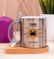 Kişiye Özel Yengeç Burcuna Hediye Ahşap Altlıklı Silver Kupa Bardak