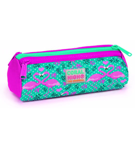Coral High Pembe-Yeşil Flamingo Baskılı Üç Bölmeli Kalem Çantası -Kız Çocuk