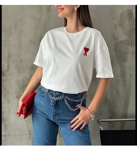 pilelistore- Unisex Bisiklet Yaka Baskılı Oversize T-Shirt - Beyaz