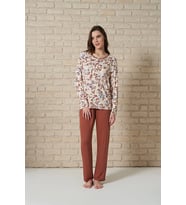 Kadın Düğme Detaylı Üst  Kısmı Çiçek Desenli Uzun Kollu Pijama Takımı (Renksiz)