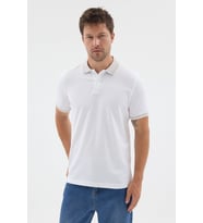 Beyaz-Gri Polo Yaka Pike Kısa Kol Slim Fit %100 Pamuk Tişört 1011260171