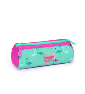 Coral High Kids Su Yeşili Neon Pembe Flamingo Desenli Üç Bölmeli Kalem Çantası 22315