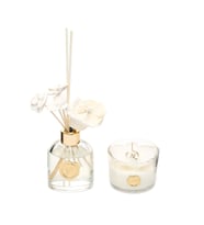 130 ml Oud Vanilya Oda Kokusu ve Çiçek Dekorlu Kokulu Vegan Mum Seti (Ekru)