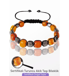 Sertifkalı Küp Model Terahertz - Turuncu Akik Taşı Bileklik - Ayarlamalı (Çok Renkli)