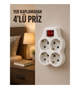 Mey İthalat® 4’lü Priz Çoğaltıcı Açma Kapama Anahtarlı Kablosuz Duvar Tipi Priz Adaptörü