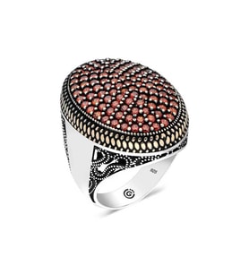 Premium 925 Ayar İthal Gümüş Kırmızı Zirkon Taşlı Oval Erkek Yüzük