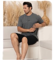 Lukitus Kısa Kol Süprem Pamuk Erkek Şortlu Pijama Takımı (Füme-Siyah)
