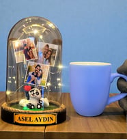 Kişiye Özel Tasarım Led Işıklı Fanus ve Turkuaz Kupa Bardak Hediye Seti (Model 4)