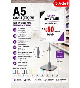 5 Adet - A5 Ayaklı Çerçeve Seti Plastik Ördek Ayak Teleskopik Borulu Fiyat Etiketliği Yönlendirme Levhası Menü Panosu Şeffaf