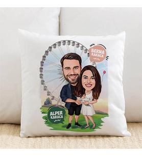 Kişiye Özel Karikatürlü Luna Parktaki Çiftler Yastık