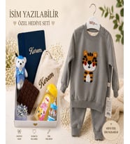 Kişiye Özel İsim Yazılabilir 6-12 Ay Bebek Hediye Seti – Kaplan Desenli Takım, İsimli Defter ve Hediye Kutusu