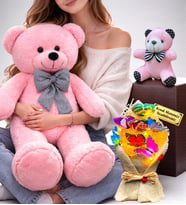 Pembe Büyük Peluş Ayıcık, Kişiye Özel Led Işıklı Buket ve Anahtarlık Seti (Model 5)