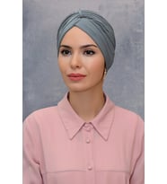 Gri Pratik Hazır Geçmeli Tesettür Bone Fukuro Sandy Kumaş Büzgülü 1831_15