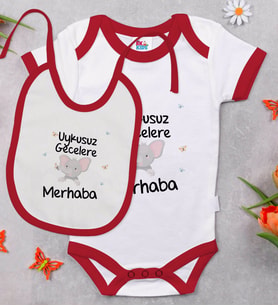 BK Kids Uykusuz Gecelere Merhaba Tasarımlı Kırmızı Bebek Body Zıbın ve Mama Önlüğü Hediye Seti-1