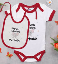 BK Kids Uykusuz Gecelere Merhaba Tasarımlı Kırmızı Bebek Body Zıbın ve Mama Önlüğü Hediye Seti-1