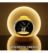Mey İthalat® Doğal Ahşap Standlı Geyik Figürlü Kristal Küre LED Dekoratif Lamba
