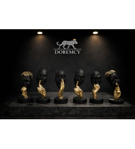 Doremcy 6’lı Polyester Döküm Biblo Seti 7x15 cm Salon, Ofis, Masaüstü Dekoratif Aksesuar, Hediyeli (Siyah-Gold)