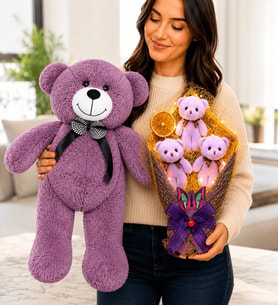 50 cm Büyük Boy Mor Peluş Ayıcık ve LED Işıklı Tasarım Mor Peluş Ayıcık Buketi Kadına Sevgiliye Hediye