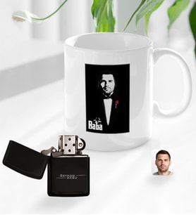 BK Gift Kişiye Özel Babalar Günü Hediyesi Godfather Baba Tasarımlı Kupa Bardak ve Benzinli Çakmak Seti-8 (Model 1)