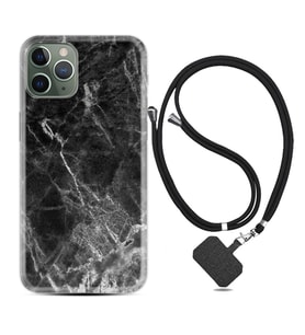 Apple iPhone 11 12 13 14 Pro Max Kılıf Boyun Askılı Silikon Kara Mermer 1375