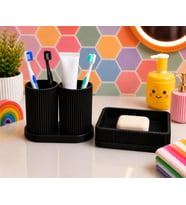3D Baskı Diş Fırçalık ve Sabunluk Seti - Lavabo Üstü Banyo Organizeri-Siyah