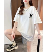 Baskılı Oversize Bisiklet Yaka T-shirt - Beyaz