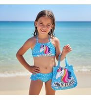 Kız Çocuk karakter Baskılı Eteği Fırfırlı- ip bağlamalı ÇANTA Mayo Bikini 3 lü Takım