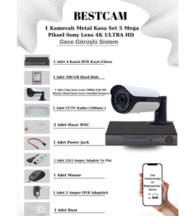 BESTCAM 1 Kameralı Metal Kasa Set 5 Mega Piksel Sony Lensli 4K Ultra HD Gece Görüşlü Sistem 500 GB Hard disk