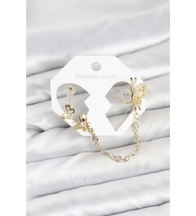 Kelebekli Model Pirinç Gold Renk Zincir Bağlantılı Ear Cuff Küpe Seti - TJ-BKP11544