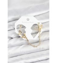 Kelebekli Model Pirinç Gold Renk Zincir Bağlantılı Ear Cuff Küpe Seti - TJ-BKP11544