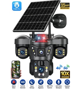 SNR 4G 3 Lensli SIM Kartlı 360° PTZ Solar Güvenlik Kamerası Güneş Panelli Gece Görüşlü Dış Mekan