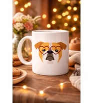 Kalpli Gözlüklü İngiliz Bulldog Tasarımlı Porselen Kupa Model 52 – Sevimli Köpek Desenli Kahve & Çay Kupası