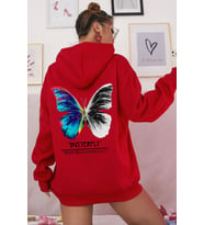 Unisex Butterfly Sırt Baskılı Sweatshirt (Kırmızı)