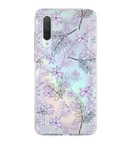 Xiaomi Mi 9 Lite Uyumlu Kapak Floral Lila Tasarımlı Şeffaf Silikon Kılıf