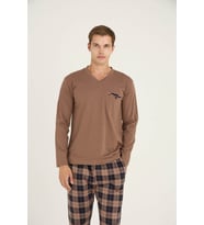 %100 Pamuk Erkek Midi Yaka Pijama Takımı Konforlu Uyku (Koyu Bej)