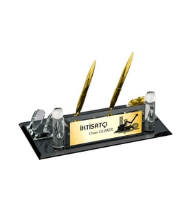 Kişiye Özel İktisatçı Tasarımlı Kristal Masa İsimliği Saatli Çift Kalem (Altın)