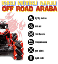 Müzikli Işıklı Sarjlı 4x4 Drift Atan Güçlü Motor 360 Dönen Yan Yan Giden Akrobat Off Road Arazi Araç (Kırmızı)