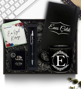 Kişiye Özel Siyah Defter & Kupa & Zippo Tarzı Çakmak & Kalem Hediye Seti