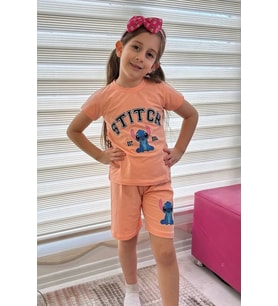Somon Stitch Kısa Kollu Şortlu Çizgi Karakter Baskılı Kız Çocuk 2li Takım