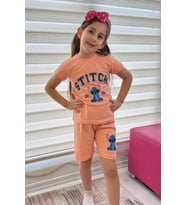Somon Stitch Kısa Kollu Şortlu Çizgi Karakter Baskılı Kız Çocuk 2li Takım
