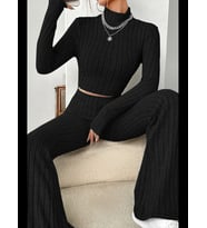 Fantezia Night Kadın Ekru Çizgili Boğazlı Crop Top ve Yüksek Bel Eşofman Takımı Spor Şık Kombin