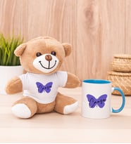 Kişiye Özel Kadına Hediye Kelebek Tasarım İsimli Peluş Ayı ve Mavi Kupa
