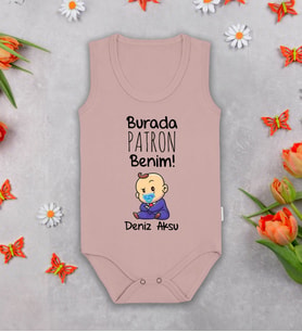 BK Kids Kişiye Özel Burada Patron Benim Pembe %100 Pamuklu Askılı Sıfır Kol Bebek Body Zıbın, Yeni Doğan Bebek Hediyesi