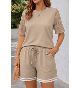 Kadın Kısa Kollu Bisiklet Yakalı Waffle Bluz Ve Short Ikili Takım