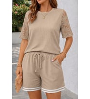 Kadın Kısa Kollu Bisiklet Yakalı Waffle Bluz Ve Short Ikili Takım